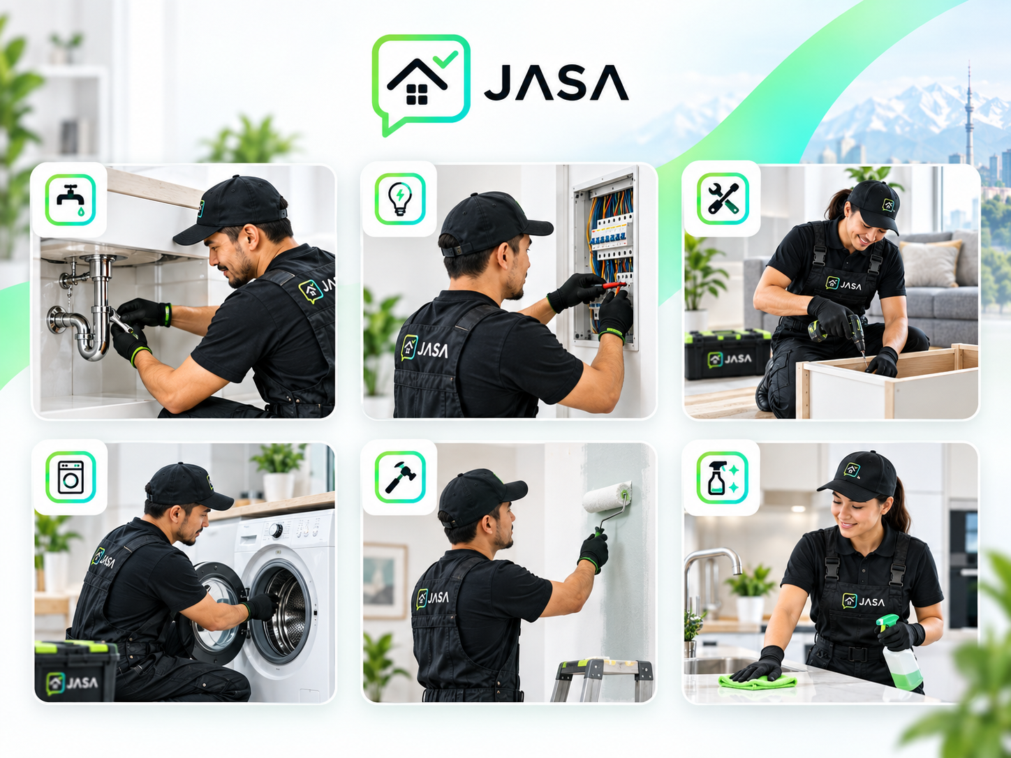 Направления сервиса JASA: сантехника, электрика, мебель, техника, ремонт, клининг